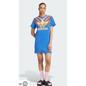 Farm Rio x Adidas Slim Mini Shirt Dress Sz XS Blue Retro Floral Tropical 70s Y2K